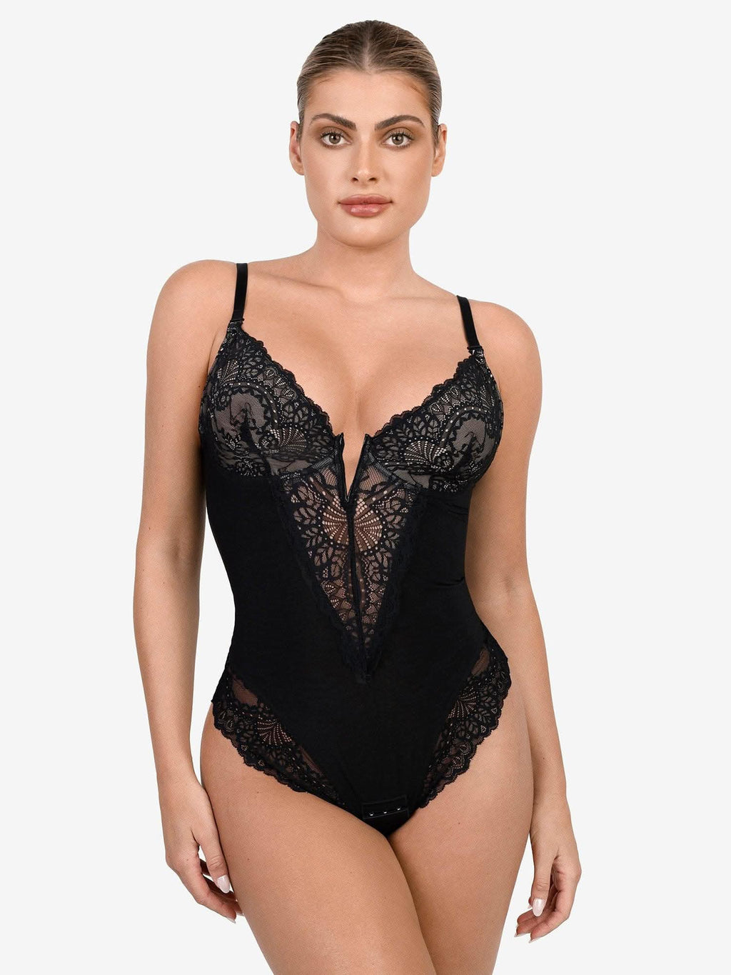 Deep - V Neck Lace Thong Bodysuit - ShopLorca
