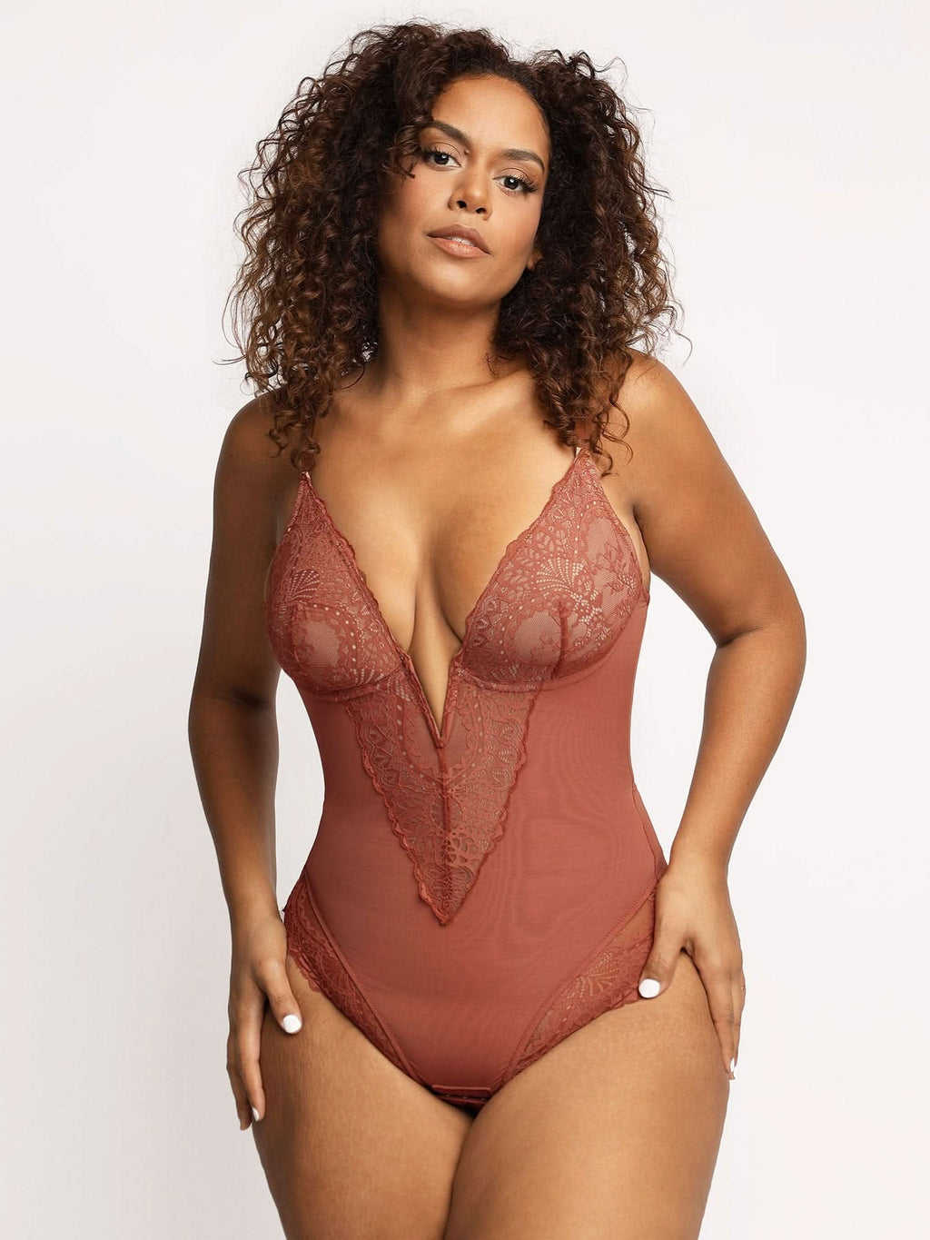 Deep - V Neck Lace Thong Bodysuit - ShopLorca