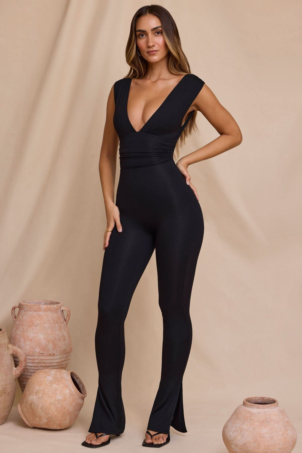 Plunge Neck Ruched Waist Jumpsuit in Black - ShopLorca