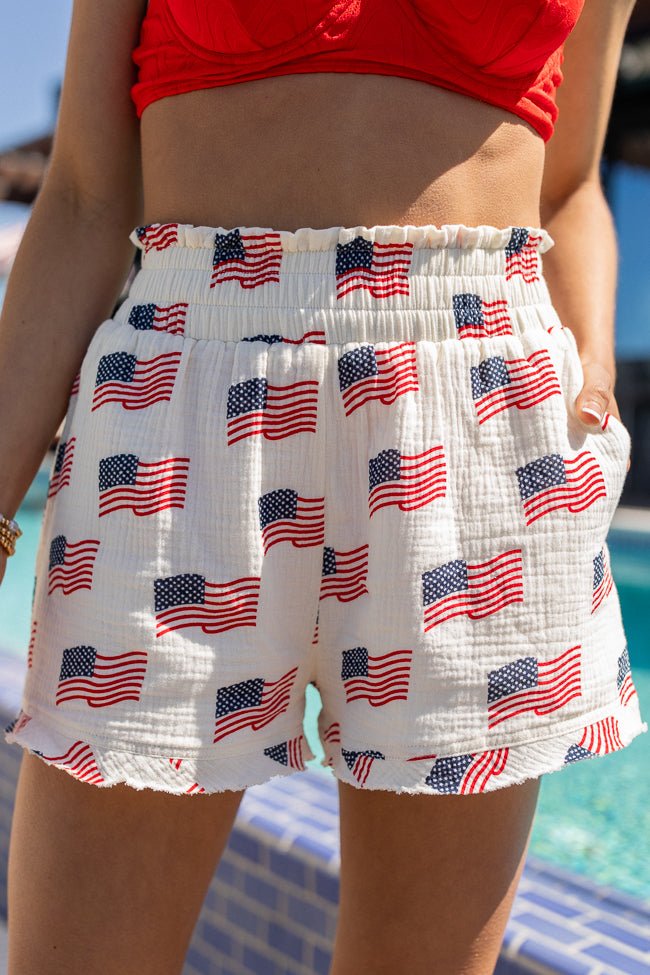 Ready For A Change Cream Flag Print Gauze Shorts - ShopLorca