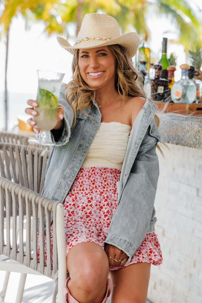 Through The Garden Ivory Pink And Red Floral Mini Skort SALE - ShopLorca